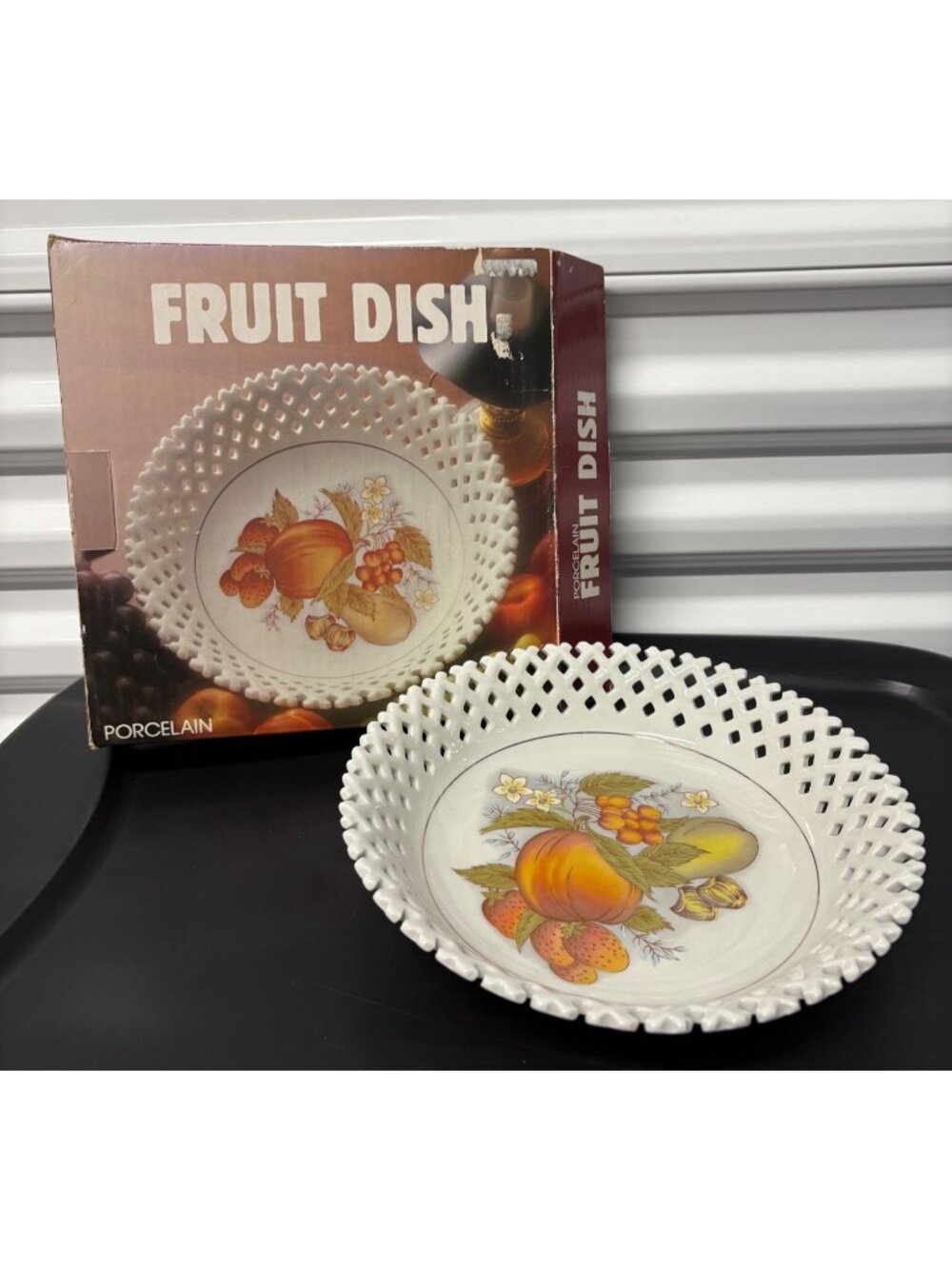 Porcelain Fruit Dish Bowl Lattice Edge & Colorful Fruit Design 10" Vintage 1987